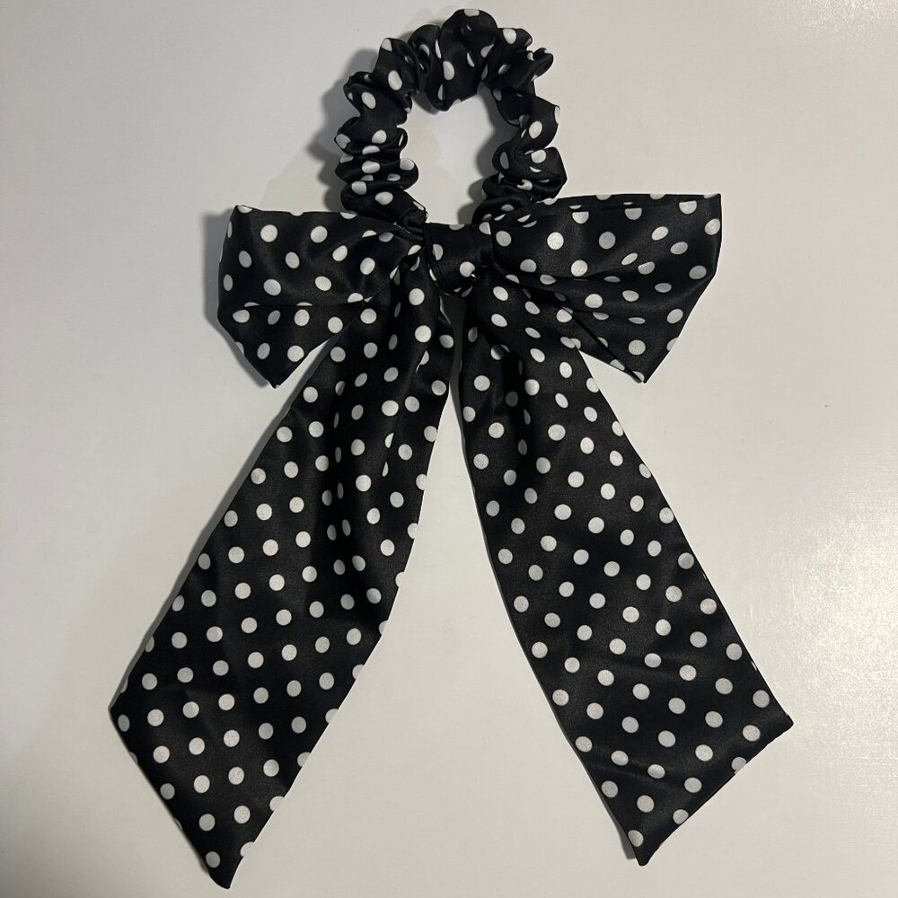 Polka Dot Black and White Ponytail Scarve Scrunchie Black & White Hair Accesorie